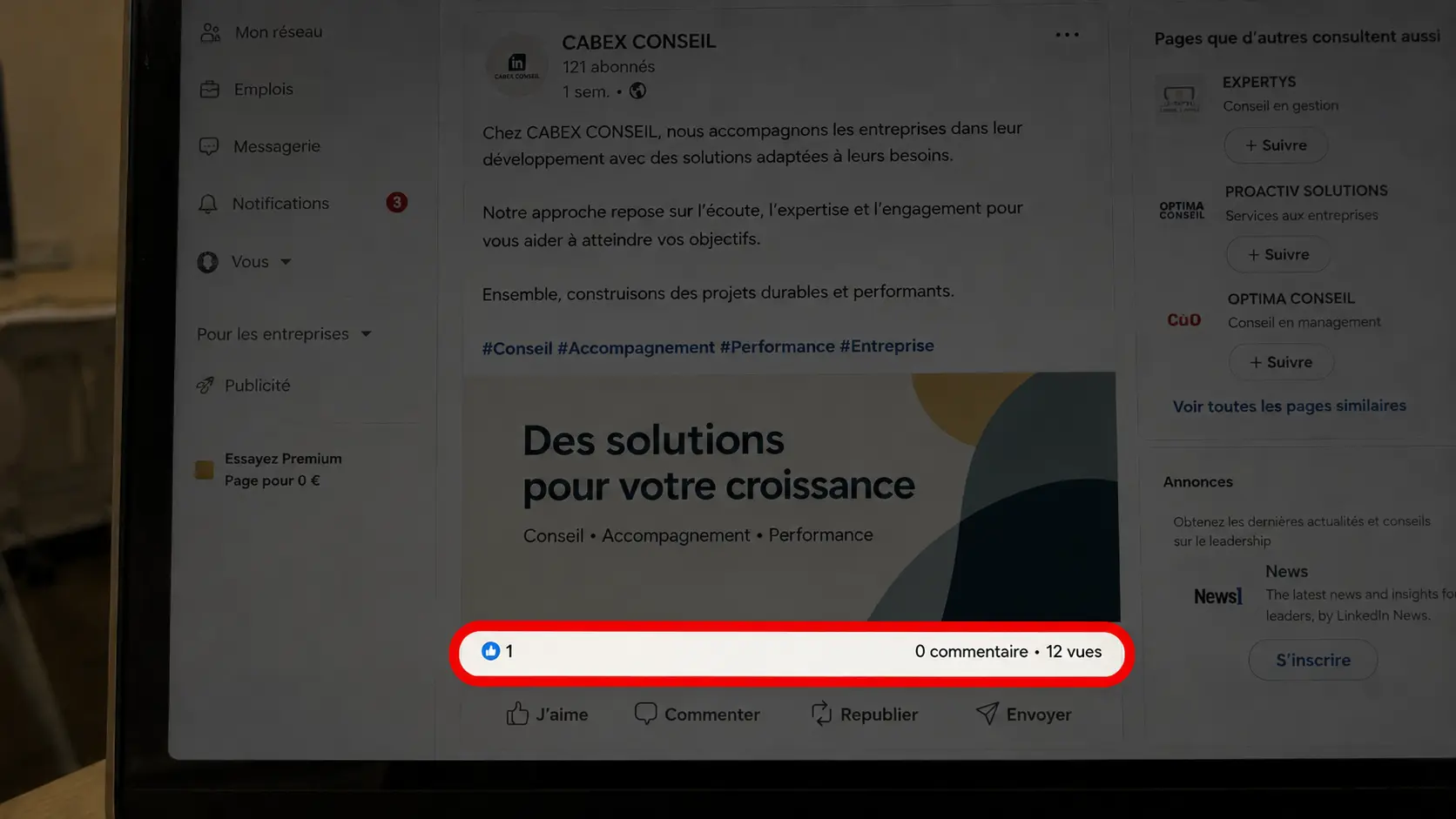 LinkedIn avec post d'entreprise
